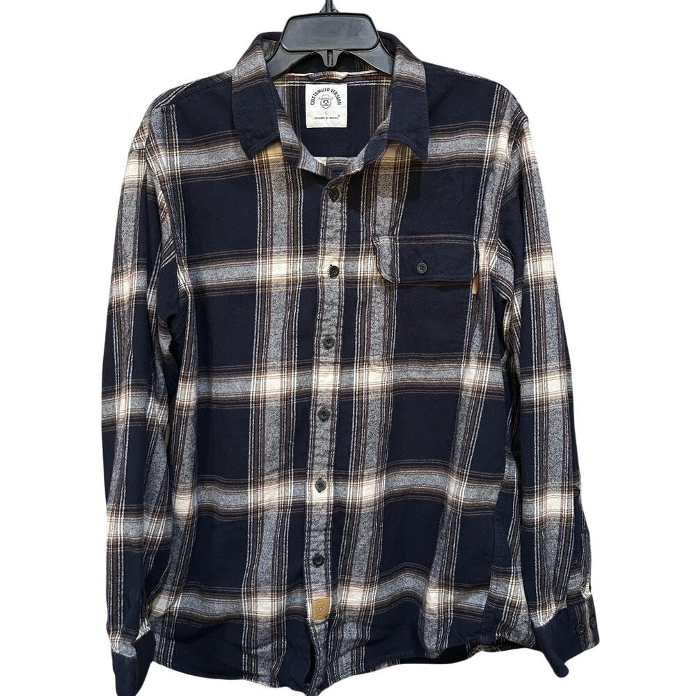 Dubinik Flannel Shirt Mens Size L Blue Brown Plaid Button Up 100% Cotton